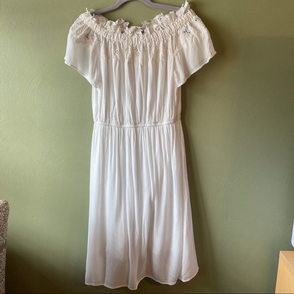 White summer light linen knee off shoulder dress